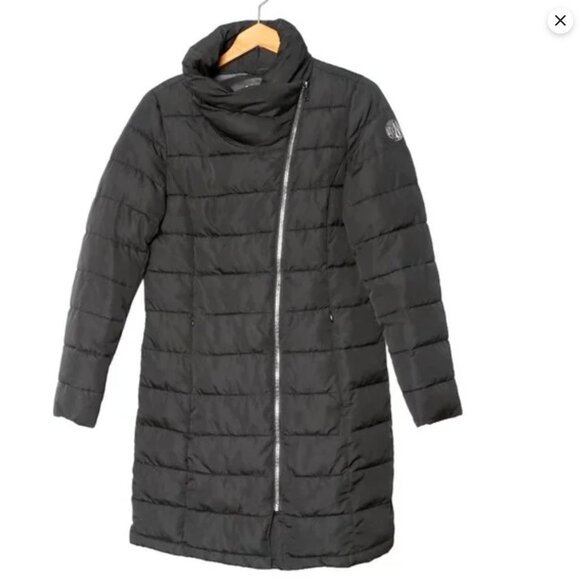 DKNY Asymmetrical Puffer Jacket Packable Winter Coat Hooded Black Pillow Collar - Picture 3 of 16